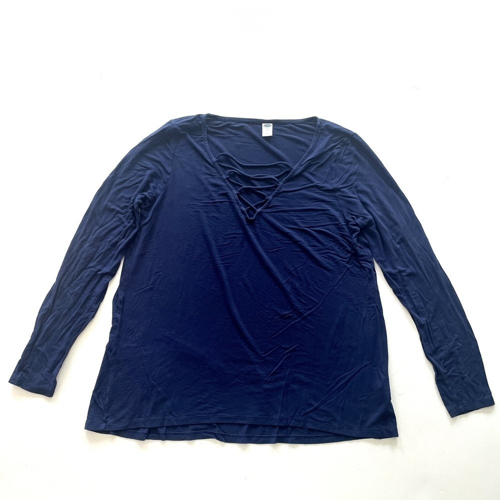 Old Navy Women's Medium Blue Lace Up Top V Neck Long Sleeve Lightweight Casual